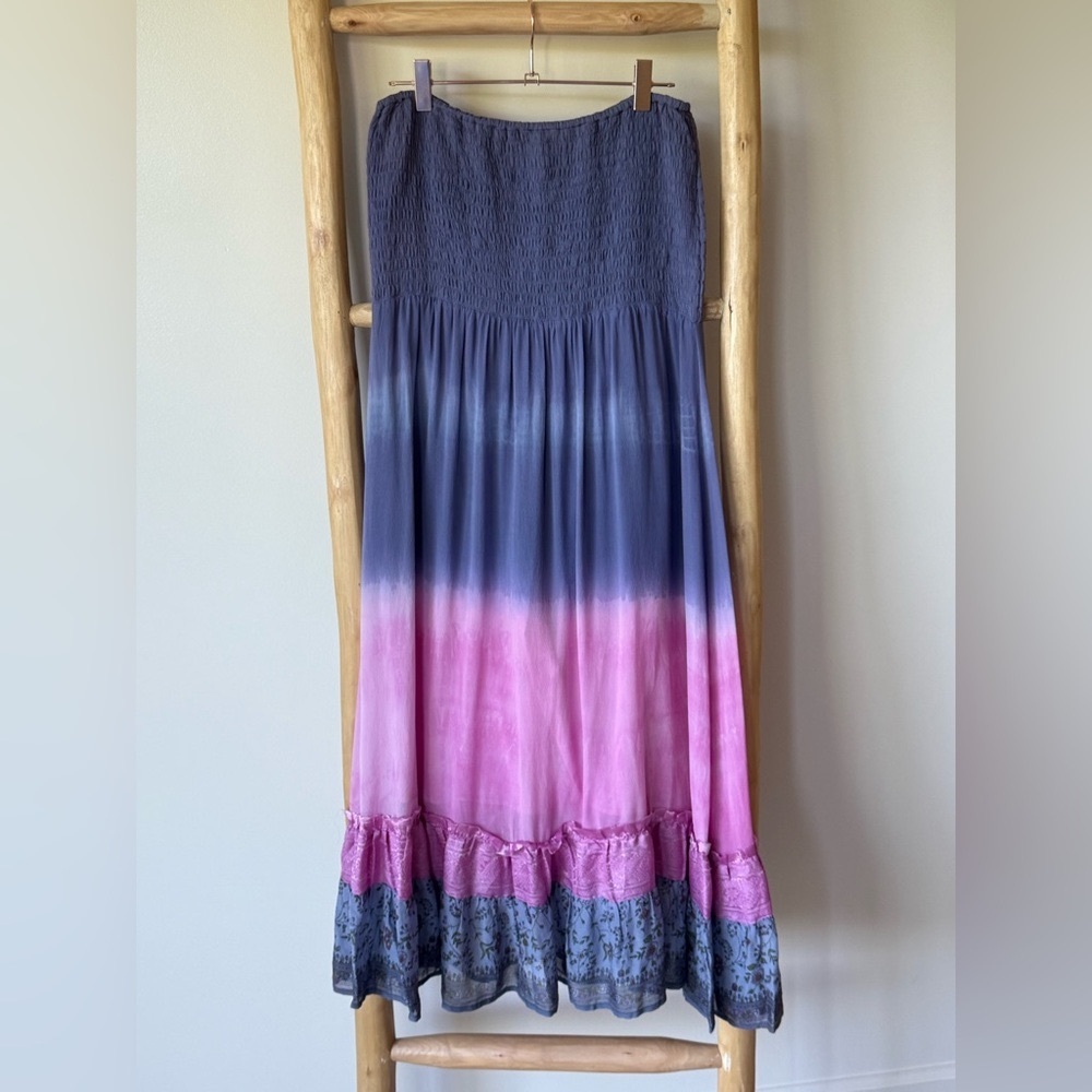 Free People 100% Silk Y2K Ombré Tie Dye Strapless Stretchy Smocked Dress M RARE